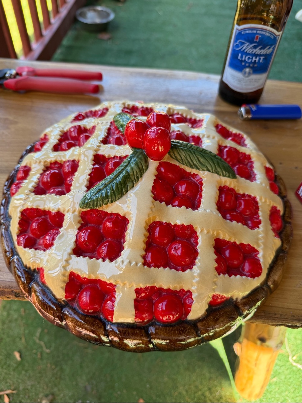Source Unknown Red Cherry Lattice Ceramic Pie Dish with Green Leaves Accent